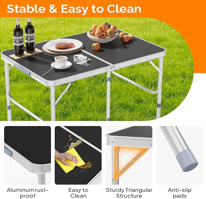 VINGLI 3FT Small Camping Table Adjustable Height Aluminum Folding Table for Picnic Party BBQ - Photo 4