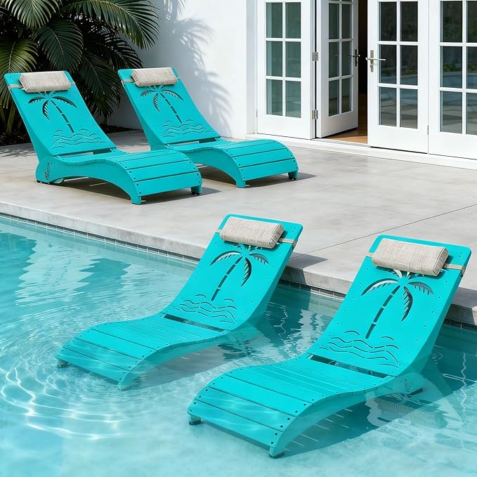 in Pool Lounge Chairs Set of 4, HDPE Pool Chaise Loungers for Sun Shelf up to 9 Inches, Fade-Resistant, 3-Position Adjustable Backrest with Headrest, Ergonomic Poolside Lounger, Teak