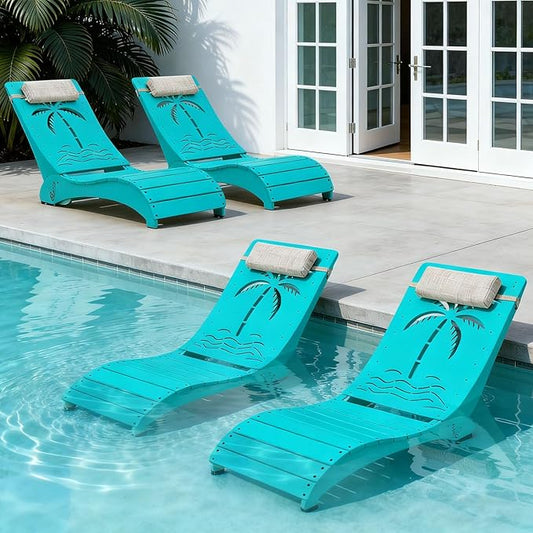 in Pool Lounge Chairs Set of 4, HDPE Pool Chaise Loungers for Sun Shelf up to 9 Inches, Fade-Resistant, 3-Position Adjustable Backrest with Headrest, Ergonomic Poolside Lounger, Teak