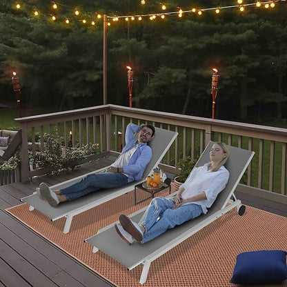 YITAHOME Outdoor Chaise Lounge Chairs Set of 3, Pool Loungers with Side Table, 5-Position Adjustable Backrest,Textile Fabric, and Wheels for Pool Beach Patio Lawn Porch - Light Grey