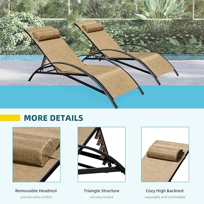 EROMMY Patio Chaise Lounge Chair Set of 2, Outdoor Lounge Chairs with 5 Position Adjustable Backrest, All-Weather Waterproof Pool Lounge Chairs for Poolside Beach Yard