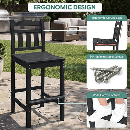 5-Piece Outdoor Bar Set, HDPE Adirondack Bar Height Chairs Set of 4 and Round Pub Table, All Weather Outdoor Patio Bar Furniture for Bistro, Deck, Balcony, Poolside (Black)