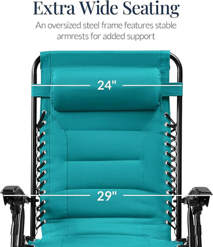 Best Choice Products Oversized Padded Zero Gravity Chair, Folding Outdoor Patio Recliner, XL Anti Gravity Lounger for Backyard w/Headrest, Cup Holder, Side Tray, Polyester Mesh - Peacock Blue