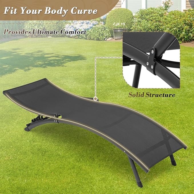 Athena Collection Outdoor Chaise Lounge Set, Aluminum Frame Pool Lounge Chairs with 5-Level Adjustable Backrest and Folding Side Table, Breathable Sun Lounger for Poolside Patio Outdoor, Black