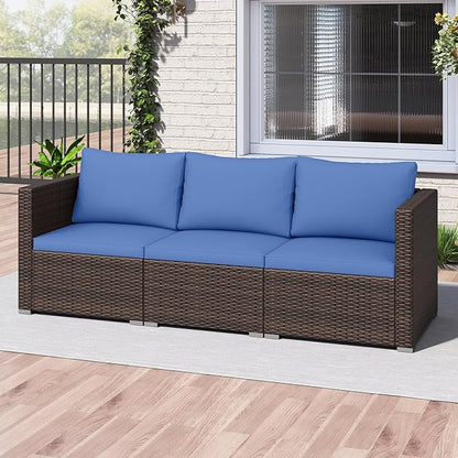 Tangkula 3 Seat Outdoor Wicker Sofa Set, Modular PE Rattan Patio Cushioned Sectional Couch Set, Outside Furniture Set for Deck, Backyard, Porch, Garden & Poolside (Brown-Navy)