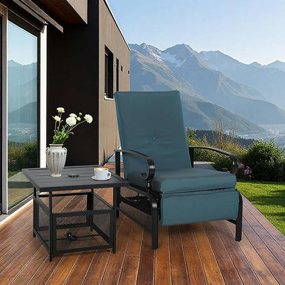 Incbruce 2 Pieces Outdoor Lounge Recliner Set, Adjustable Metal Recliner Sofa Chair and Umbrella Stand Side Square Table Suitable for Garden, Pool, Yard (Peacock Blue)