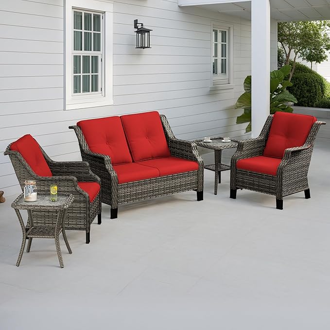5 Piece Patio Furniture Set, 2-Seater Loveseat, 2 Chairs and 2 Side Tables - Photo 1