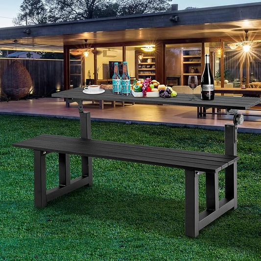 TECSPACE 47 Inches Aluminum Picnic Table Bench Black, Covertible Outdoor Bench with 400 LBS Weight Capacity for Park, Garden and Patio