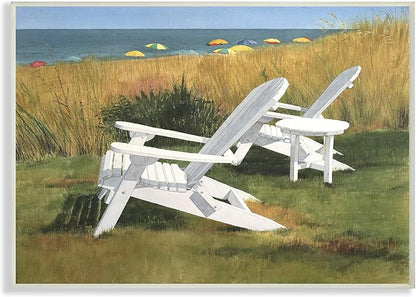 Stupell Industries Two White Adirondack Chairs by Umbrella Beach Wall Plaque, 13 x 19, Multi-Color