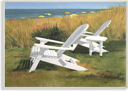 Stupell Industries Two White Adirondack Chairs by Umbrella Beach Wall Plaque, 13 x 19, Multi-Color