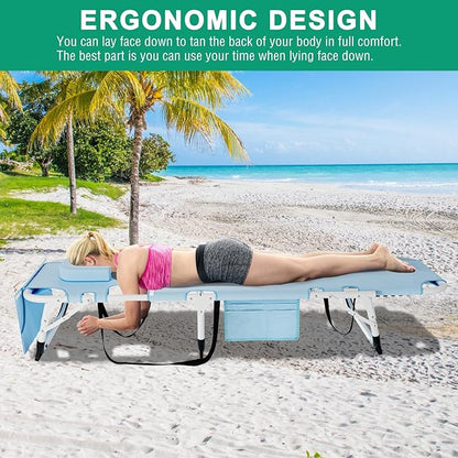 DoCred Folding Lounge Chair with Mattress, 5 Position Adjustable Folding Sleeping Bed Cot Chaise Lounge Chairs Perfect for Sunbathing, Camping, Pool, Beach, Patio