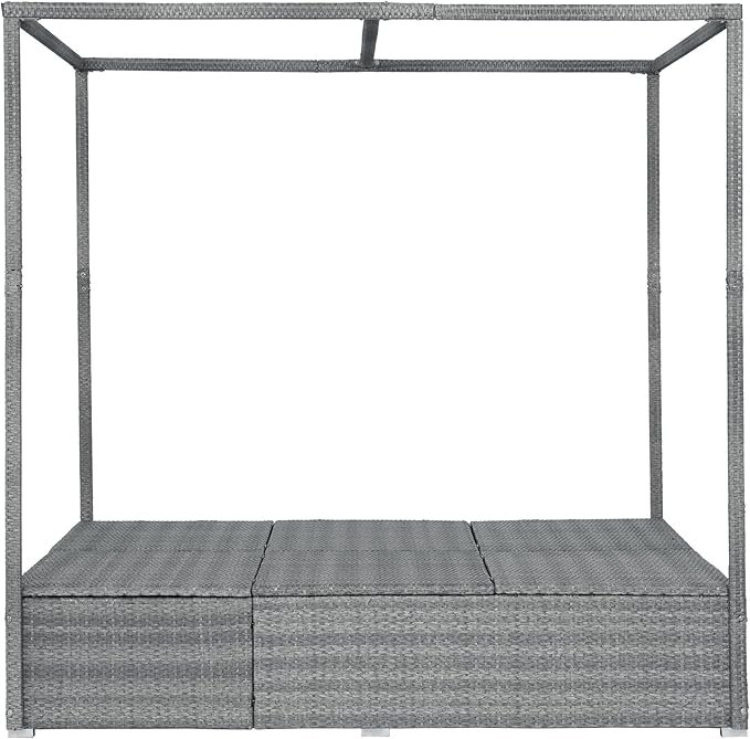 Patio Chaise Lounge, Gray PE Rattan Outdoor Patio Wicker Sunbed Daybed with Adjustable Seats, Four-sided Canopy, Overhead Curtain and Orange Cushion for Backyard, Garden, Poolside (for 2-6 people)