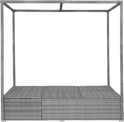 Patio Chaise Lounge, Gray PE Rattan Outdoor Patio Wicker Sunbed Daybed with Adjustable Seats, Four-sided Canopy, Overhead Curtain and Orange Cushion for Backyard, Garden, Poolside (for 2-6 people)