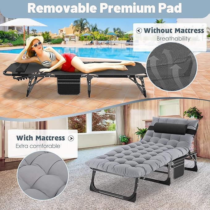 Slsy Folding Lounge Chairs Outdoor, Adjustable Sleeping Cot Chair, Portable Folding Bed Cot Chaise Lounge Chairs for Outside Beach Lawn Camping Pool Sun Tanning
