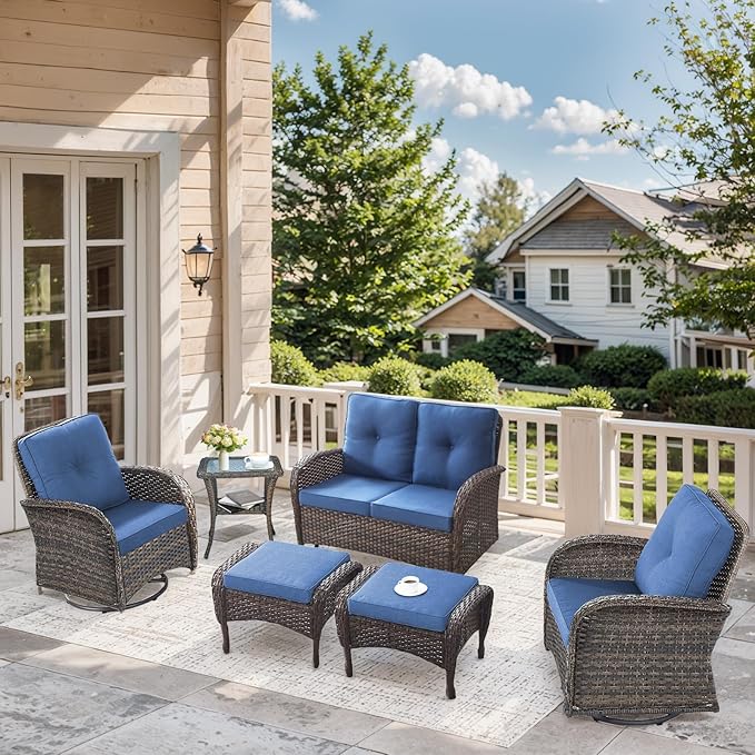 6 Pieces Patio Wicker Furniture Set-Outdoor Swivel Chairs Set of 2 Outdoor Glider Love seat with Outdoor Footstool - Photo 1