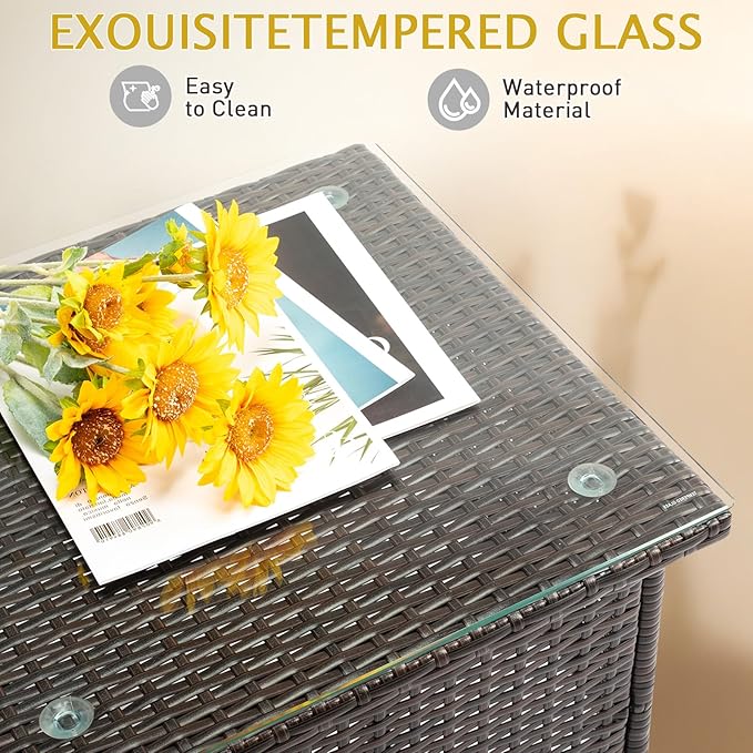 Outvita 20" Patio Coffee Table, Glass Tabletop Square Side Table, Waterproof & Rustproof, Adjustable Feet - Photo 4