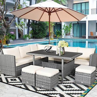 COSTWAY 7 PCS Wicker Outdoor Conversation Set, Patio Sectional Furniture Sofa Set with Table & Seat Cushions, Rattan Furniture Sets for Backyard Garden Poolside Porch, White