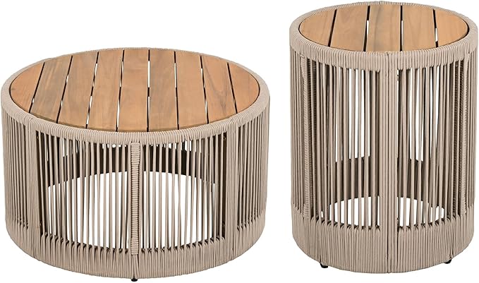 LUMISOL Rustic Industrial Table Set of 2 for Outdoor, Coffee Table & Side Table with Woven Rope Design, Patio Table Set for Living Room Garden Balcony, Teak+ Beige