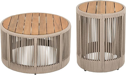 LUMISOL Rustic Industrial Table Set of 2 for Outdoor, Coffee Table & Side Table with Woven Rope Design, Patio Table Set for Living Room Garden Balcony, Teak+ Beige