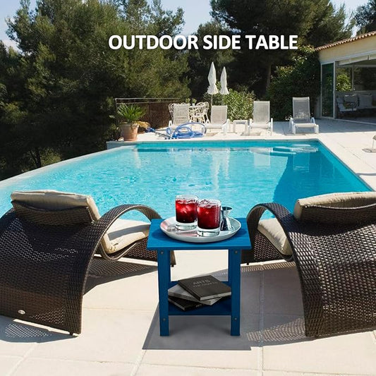 2 Tier Outdoor Side Table with Wood-Like Grain, 16.6" HDPE Adirondack Table Patio Side Table, Weather Resistant End Table for Pool, Patio & Porch, Small Outdoor Table(Navy Blue, Rectangle)