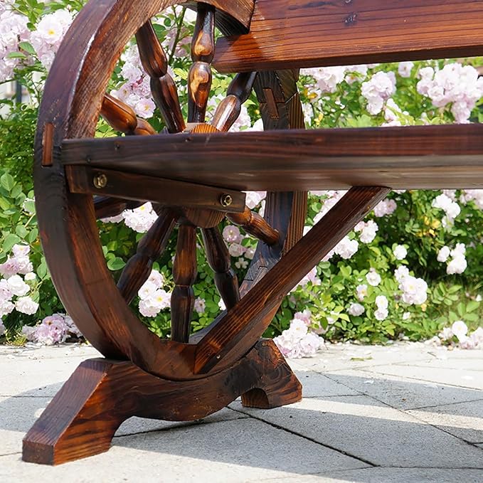 Outdoor Garden Bench, Wooden Wagon Wheel Bench Loveseat Chair Patio Furniture for Garden, Backyard, Porch, Park, Yard(110 * 55 * 79CM)