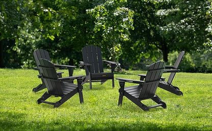 Folding Adirondack Chair Set of 4, Wooden Textured Plastic Adirondack Chairs with 2 Cup Holder, Weather Resistant HDPE Fire Pit Chair, Outdoor Patio Chairs for Garden, Backyard, Lawn, Deck, Black