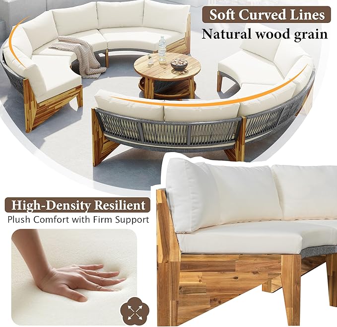 Quarte Outdoor Acacia Wood Round Sofa Set, Half-Moon Sectional Sets with Coffee Table, 6-Person Seating Group for Garden - Photo 6