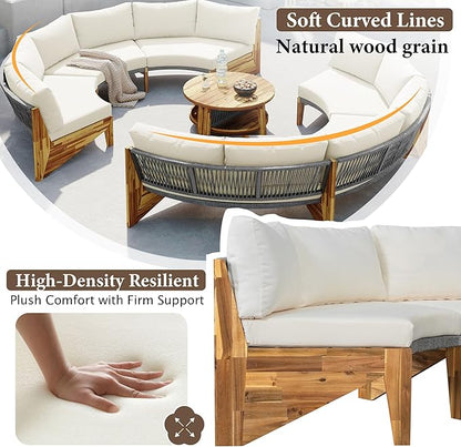 Quarte Outdoor Acacia Wood Round Sofa Set, Half-Moon Sectional Sets with Coffee Table,6-Person Seating Group for Garden, Deck (Beige/Half-Moon*A)