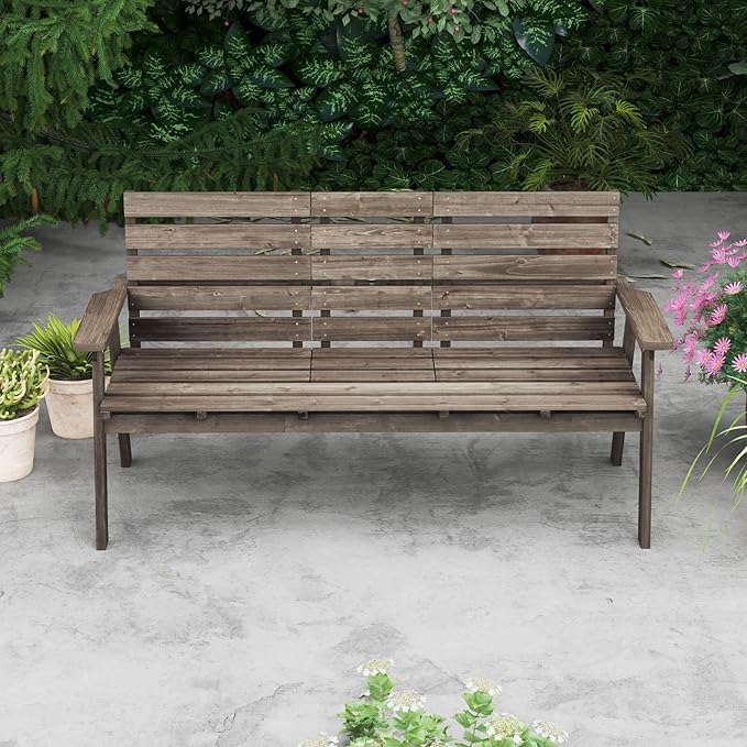 HAPPYGRILL Outdoor Fir Wood Bench with Foldable Middle Table, 2-3 Person Patio Garden Bench with Armrests and Backrests, Wooden Loveseat Chair with 710lbs Capacity (Coffee)