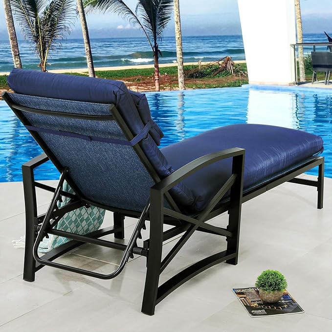 PatioFestival Patio Lounge Chair Cushioned Textilene Chaise Lounger Outdoor with Adjustable Back 3.1" Thickness Long Cushion All Weather Frame (Blue)
