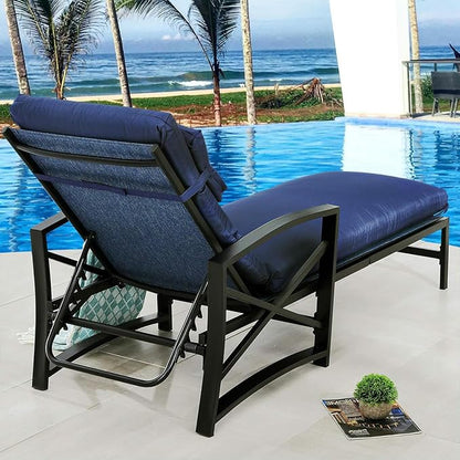 PatioFestival Patio Lounge Chair Cushioned Textilene Chaise Lounger Outdoor with Adjustable Back 3.1" Thickness Long Cushion All Weather Frame (Blue)