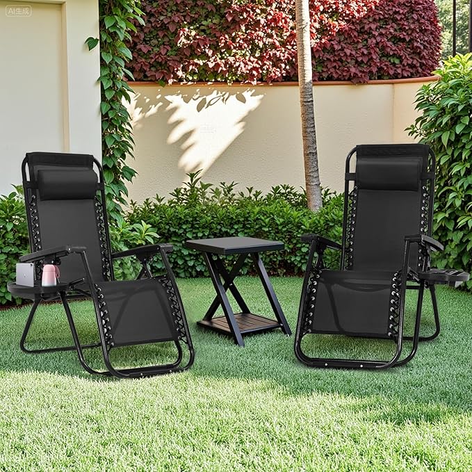 PayLessHere Lounge Chair Set of 2 Adjustable Zero Gravity Chair Beach Chair Folding Lawn Patio Chair with Removable Pillow and Cup Holder for Poolside Backyard Lawn Beach,Black