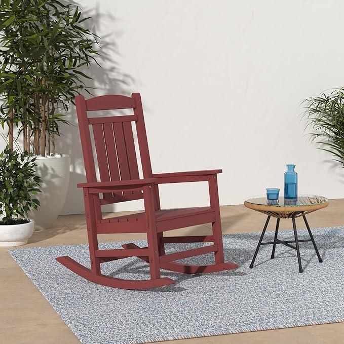 KINGYES Outdoor Rocking Chair Set of 2, HDPE Patio Rocking Chairs with 330lbs Support for Adults, Dark Red
