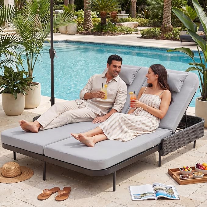 RADIATA 51.2" Outdoor Loveseat Sofa Bed, PE Wicker Patio Daybed with 2-Person Double Chaise Lounge - Photo 1