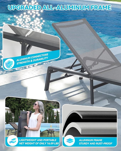 Aluminum Chaise Lounge Outdoor, Foldable & Assemble-Free Lounge Chair Outdoor Set of 2, Lounge Chair with 5 Adjustable Backrest, Patio Lounge Chair for Outside, Poolside, Beach, Pool, Blue