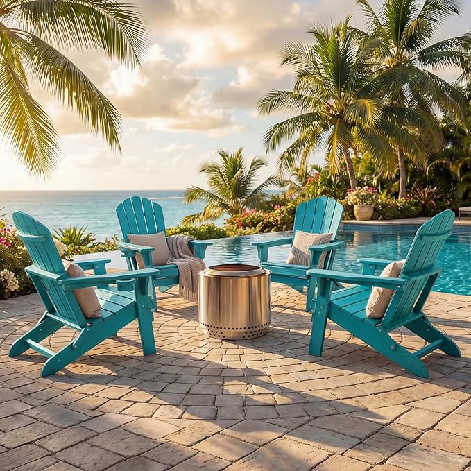 JEKO&JEKO Folding Adirondack Chairs Set of 2, All-Weather Outdoor Chair with Cup Holder, Plastic Adirondack Chair for Patio, Garden, Lawn, Porch, Deck, Backyard – Aruba Blue