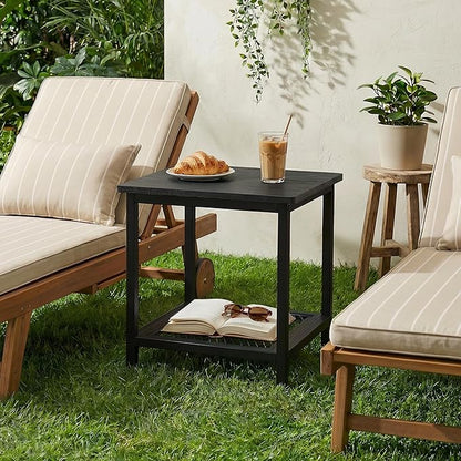2-Tier Outdoor Side Table with Storage, Weather Resistant Patio End Table, HDPS Small Accent Table for Deck, Garden, Pool, Backyard, Black