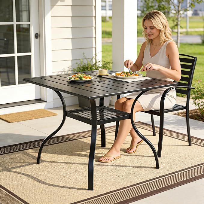 SUNCROWN 37" Black Patio Outdoor Dining Table Metal Steel Slat Square Bistro Table for Porch Deck Garden Backyard Poolside, 1.57" Umbrella Hole