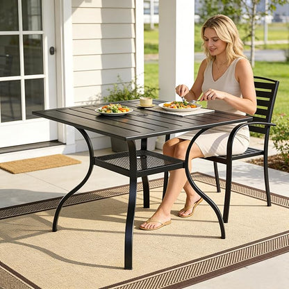 SUNCROWN 37" Black Patio Outdoor Dining Table Metal Steel Slat Square Bistro Table for Porch Deck Garden Backyard Poolside, 1.57" Umbrella Hole