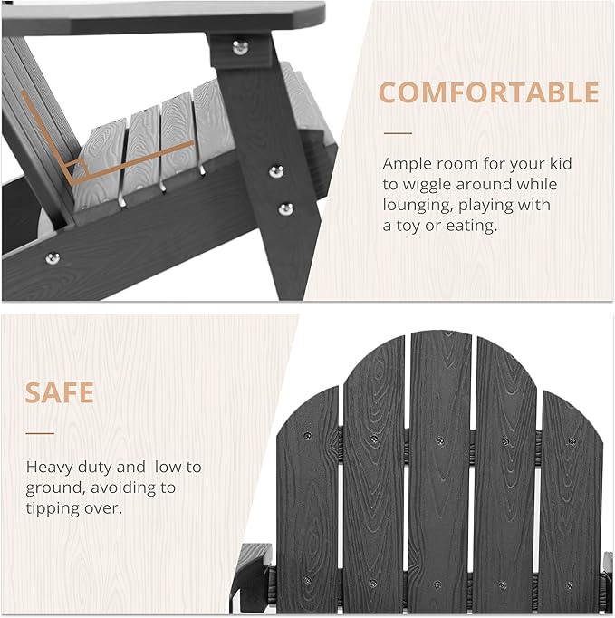 LUE BONA Kids Adirondack Chair Set of 4, Poly Lumber Plastic Weather Resistant Kids Outdoor Patio Lounge Chair for Balcony, Backyard, Gray