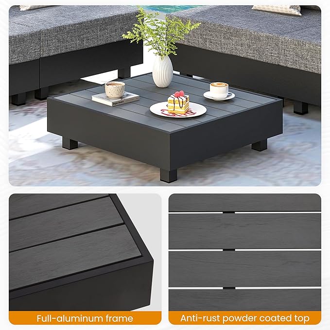 Aluminum Outdoor Coffee Table, All-Weather Square Metal Patio Coffee Table Furniture for Balcony, Garden, Indoor or Outdoor Use, Dark Grey