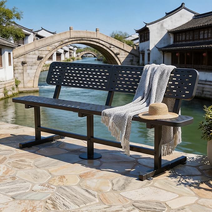 DWVO Heavy Duty Park Bench for Outside 6ft Metal with Backrest Weatherproof Coated Steel Commercial Grade Furniture Set Industrial Mesh Design for Garden Patio Public Areas