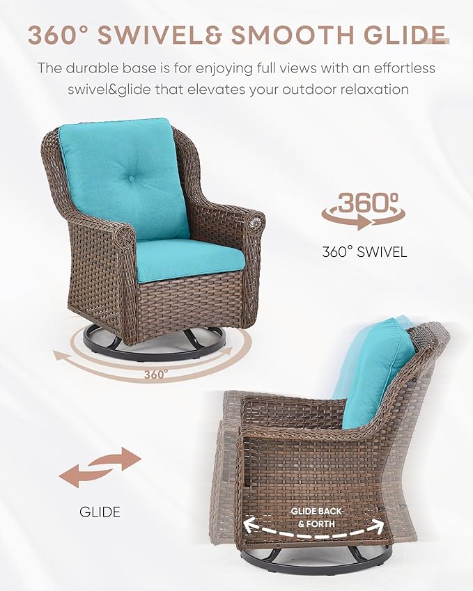 3 Piece Patio Swivel Chairs and Side Table Set - High Back Outdoor Brown Wicker Rattan Rocking Glider with Thick - Photo 5