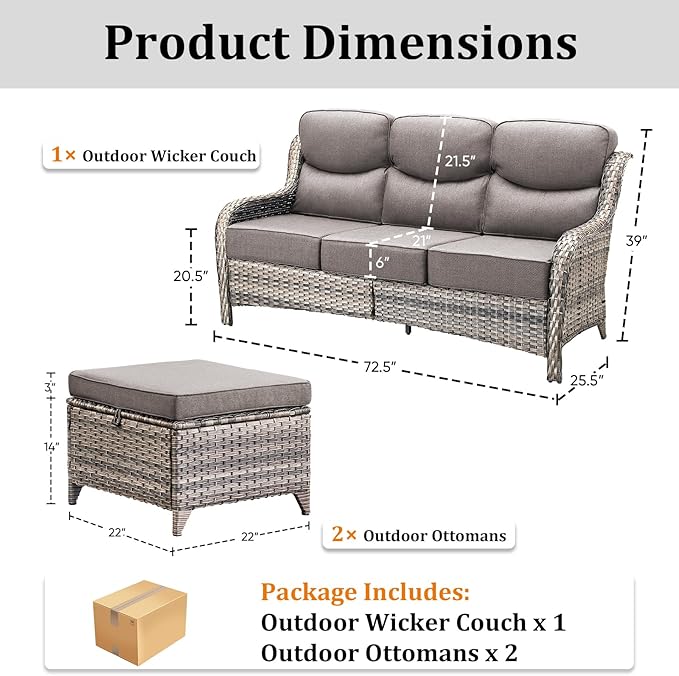 3PCS Patio Furniture Sofa Set with 6" Thick Cushions, High Back Wicker Sectional Outdoor Sofa with Ottomans - Photo 9