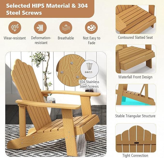 Tangkula Oversized Adirondack Chair, Patio Lounge Chairs w/Adjustable Cup Holder, HIPS Armchairs Slatted Chair, Outdoor Weather Resistant Fire Pit Chair for Deck Backyard Garden Porch (1, Teak)