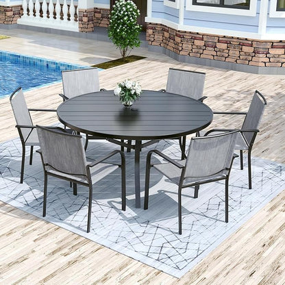 Outdoor Patio Round Dining Table, 54"x 54" Metal Slatted Round Tabletop with Adjustable Umbrella Hole for Deck Lawn Garden Backyard Balcony Deck, Black