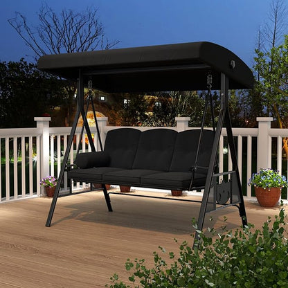 AECOJOY Outdoor Porch Swing, 3-Seat Porch Swing with Adjustable Canopy, Outdoor Swings for Adult with Black Removable Cushions for Backyard, Garden, Yard, Poolside, Balcony