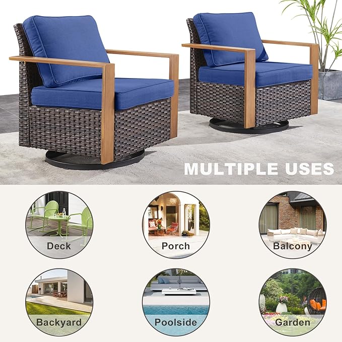 Rilyson Outdoor Wicker Patio Furniture Set - 4 Piece Patio Conversation Set with 2 Wicker Swivel Rocker Chairs,2 Rattan Ottoman, Thick Cushions, Deep Seating, Wide Armrest(Brown/Blue)