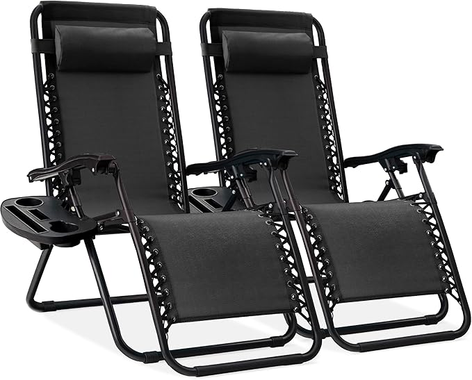Best Choice Products Set of 2 Adjustable Steel Mesh Zero Gravity Lounge Chair Recliners w/Pillows and Cup Holder Trays - Photo 1