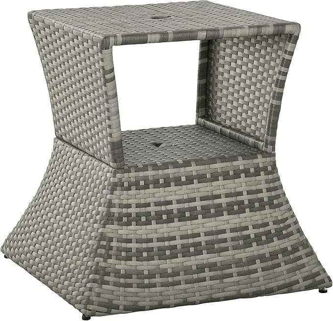 Outsunny Outdoor Side Table with Umbrella Hole, 2 Tier Rattan Wicker End Table with Storage Shelf, All Weather for Outdoor, Patio, Garden, Backyard, Mixed Gray
